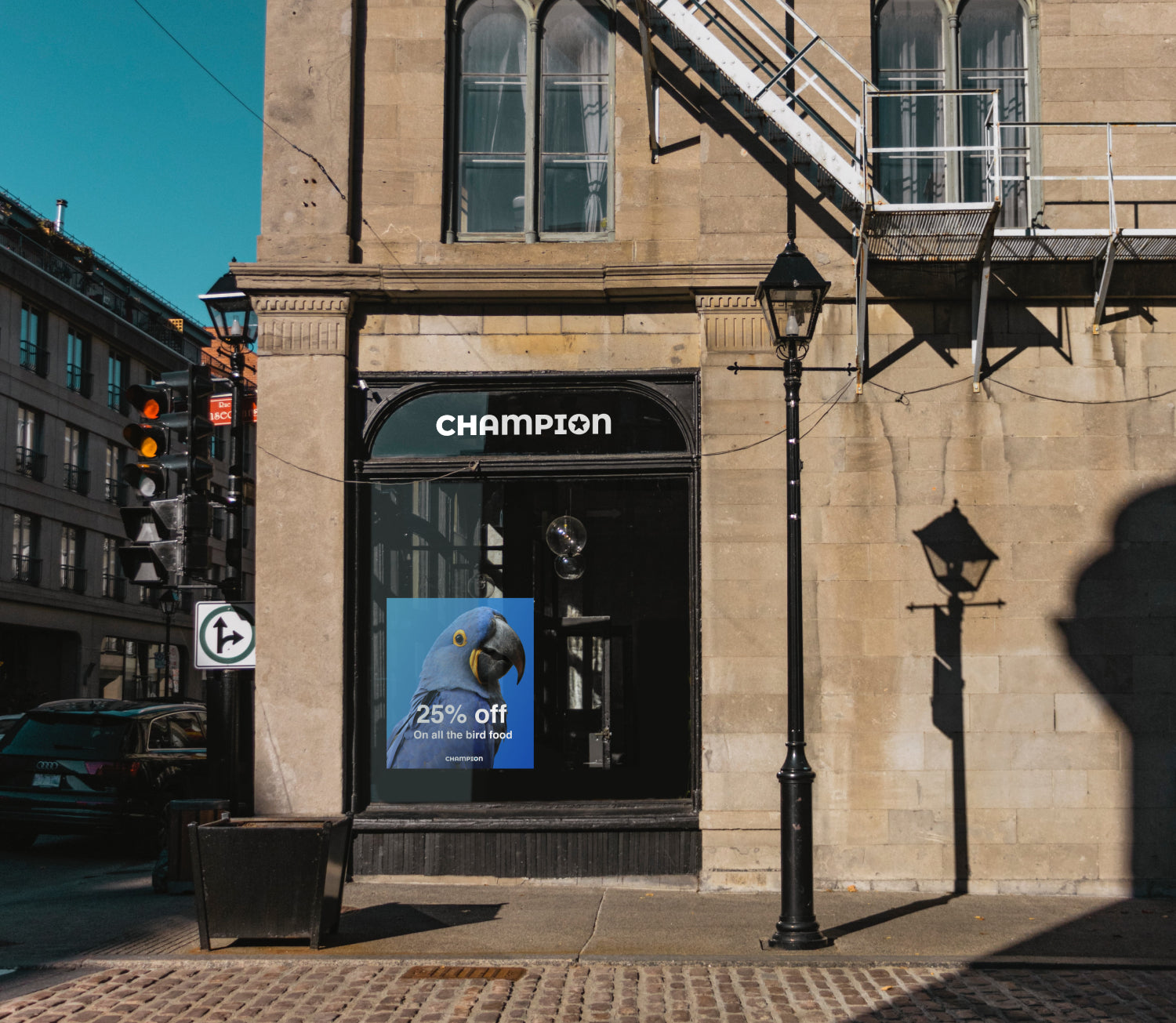 A storefront in Montreal, with the Champion logo in the window