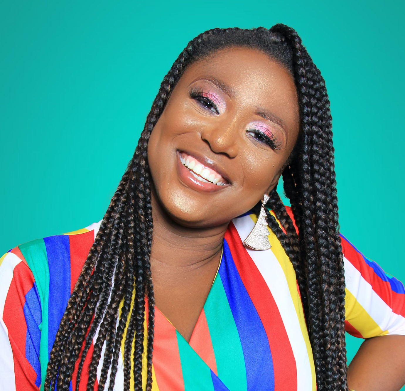 Portrait of a black woman wearing a colorful shirt