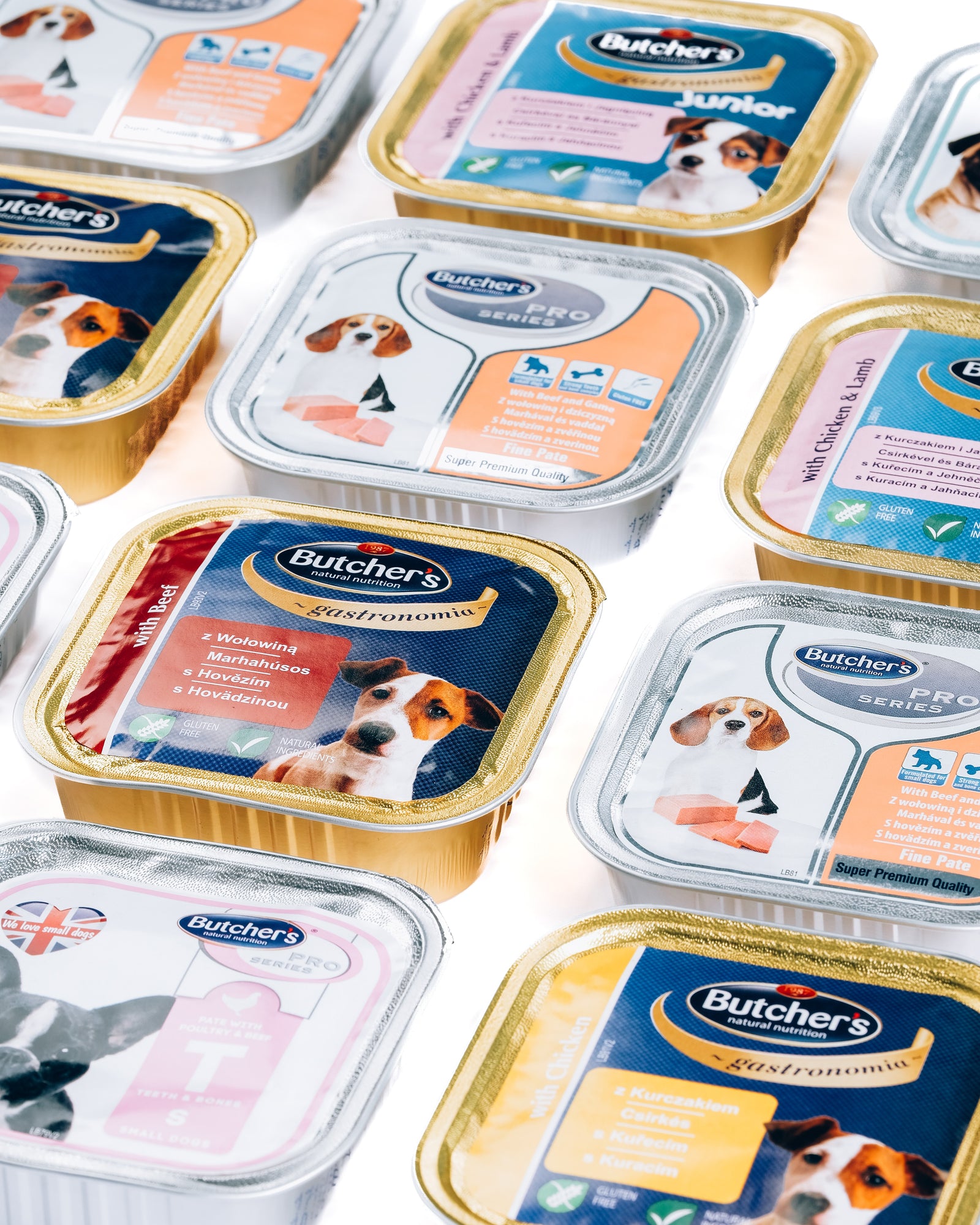 Various cans of dog food