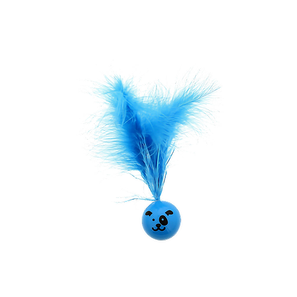 A blue dog toy made of a ball and feathers