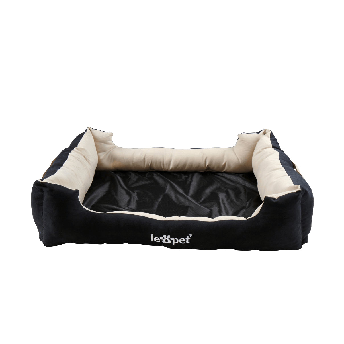 A square black and white pet bed