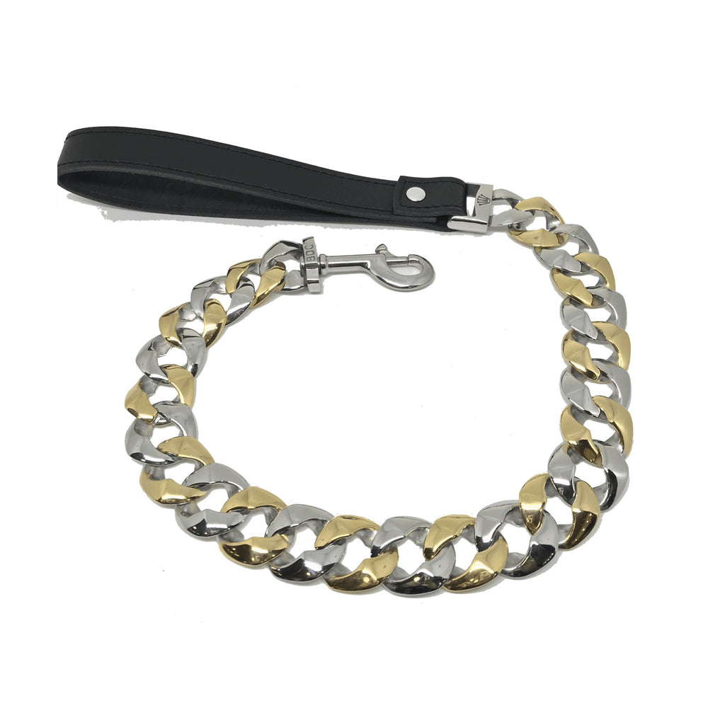 A metallic chain dog leash