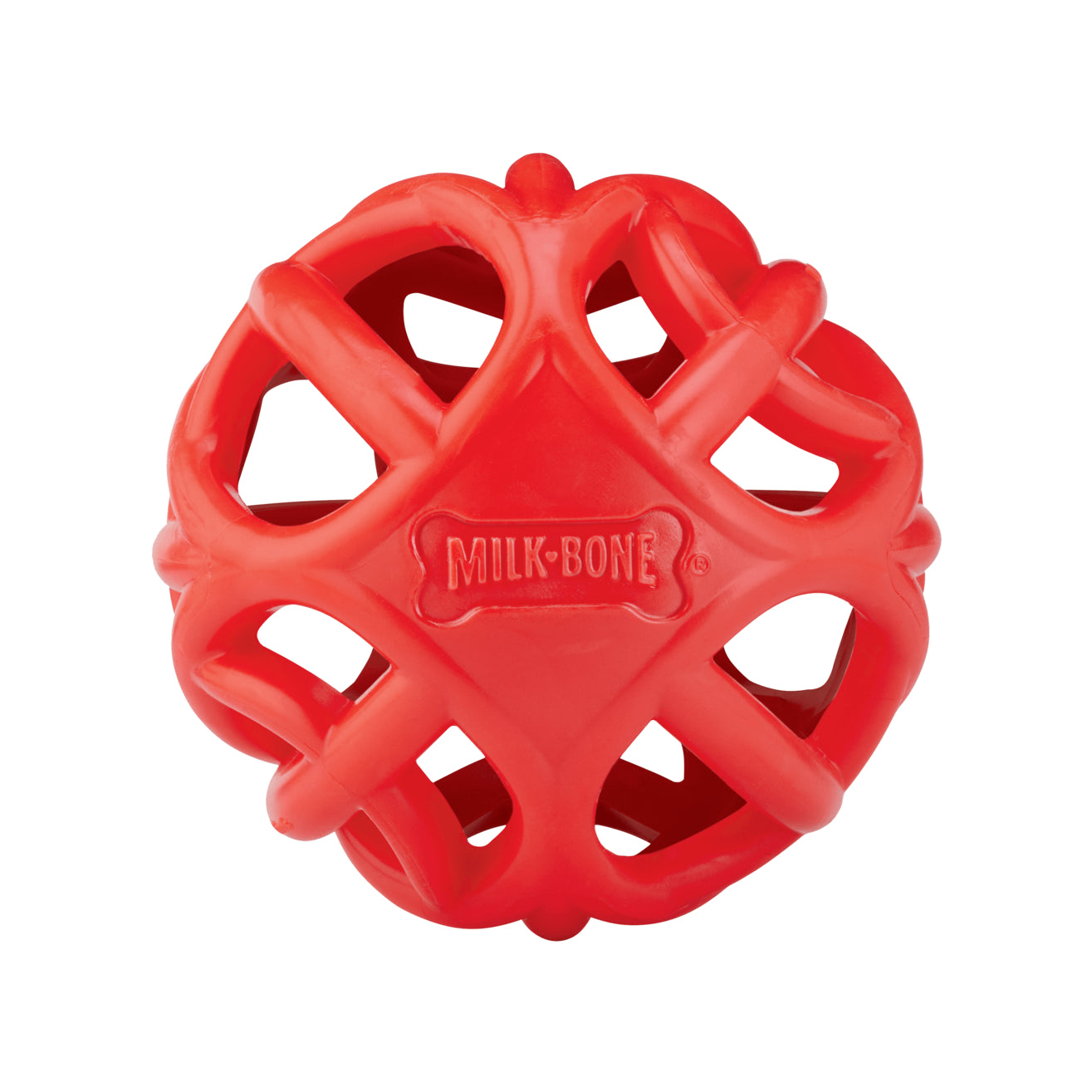 A red plastic ball dog toy