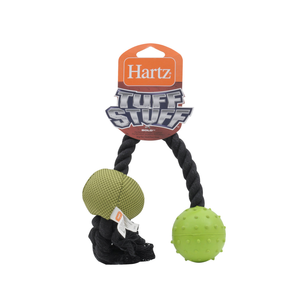 A dog toy made of two balls and a rope