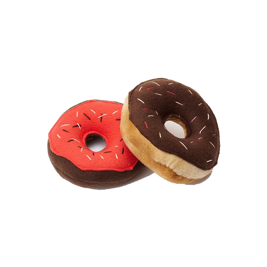 Two brown and red doughnut toys