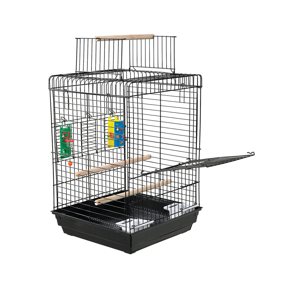 A black bird cage featuring some bird toys