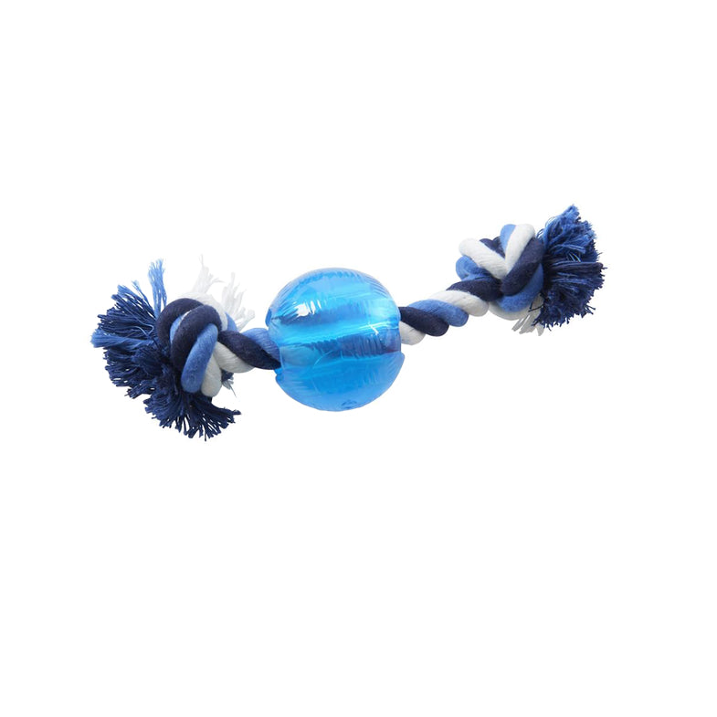A blue dog toy made from a ball and a piece of rope