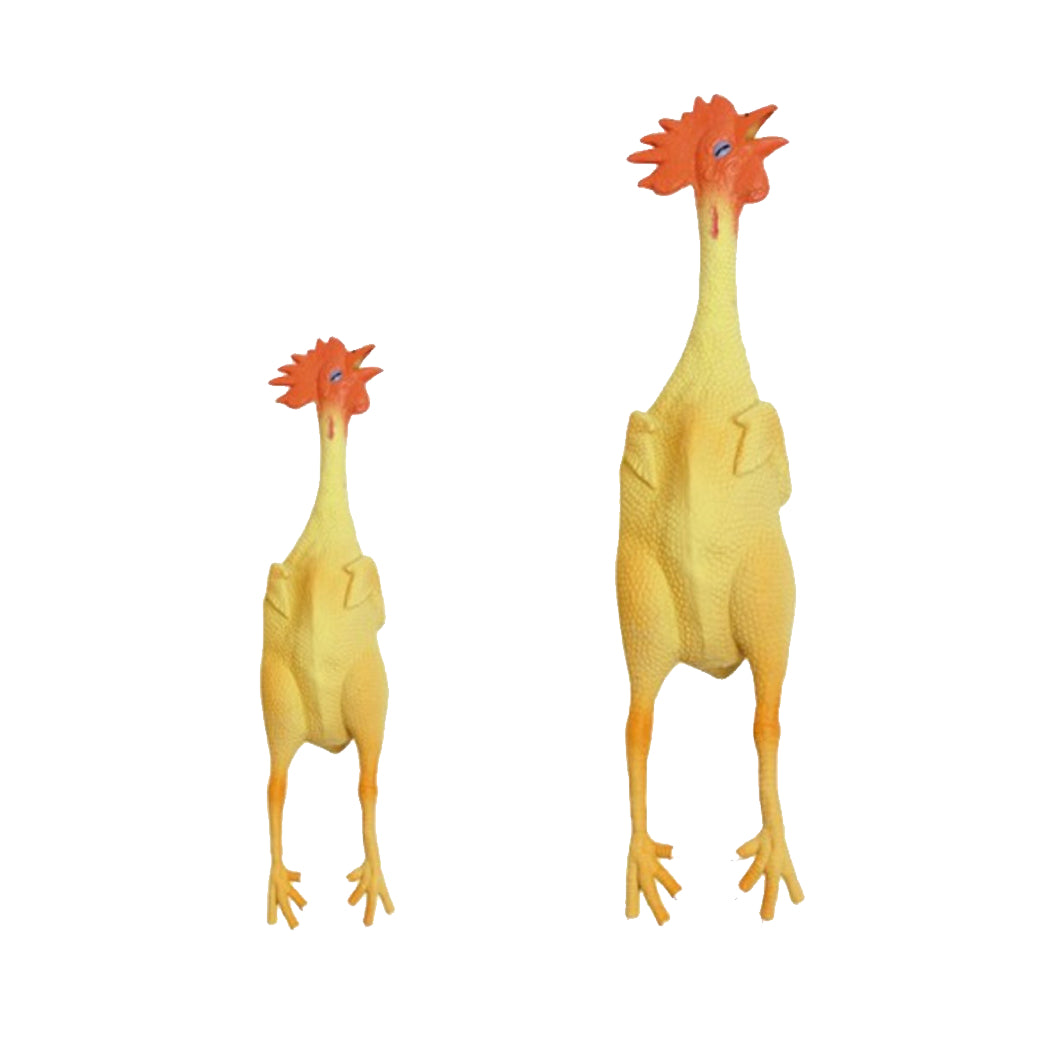 Two screaming rubber chicken